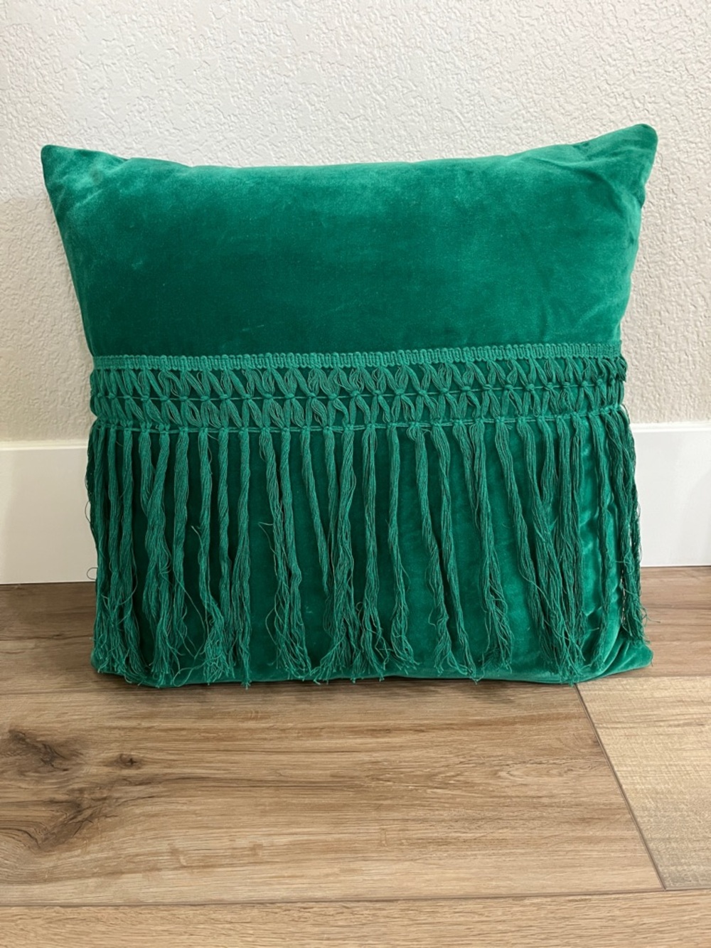 Emerald Green Velvet Fringe Throw Pillow